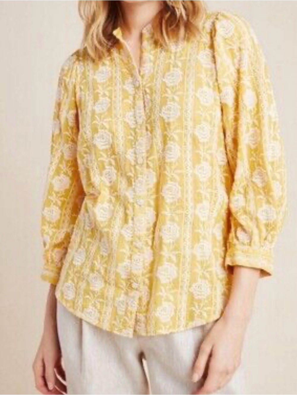 Anthropologie Pilcro yellow cottage core floral embroidered blouse size small
